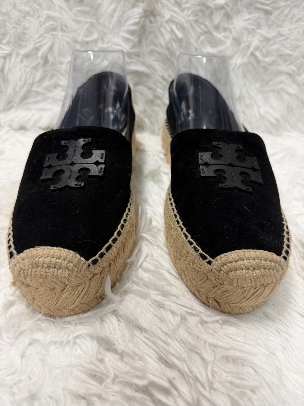 Tory Burch Black Suede Platform Espadrilles Double T Logo Size 10